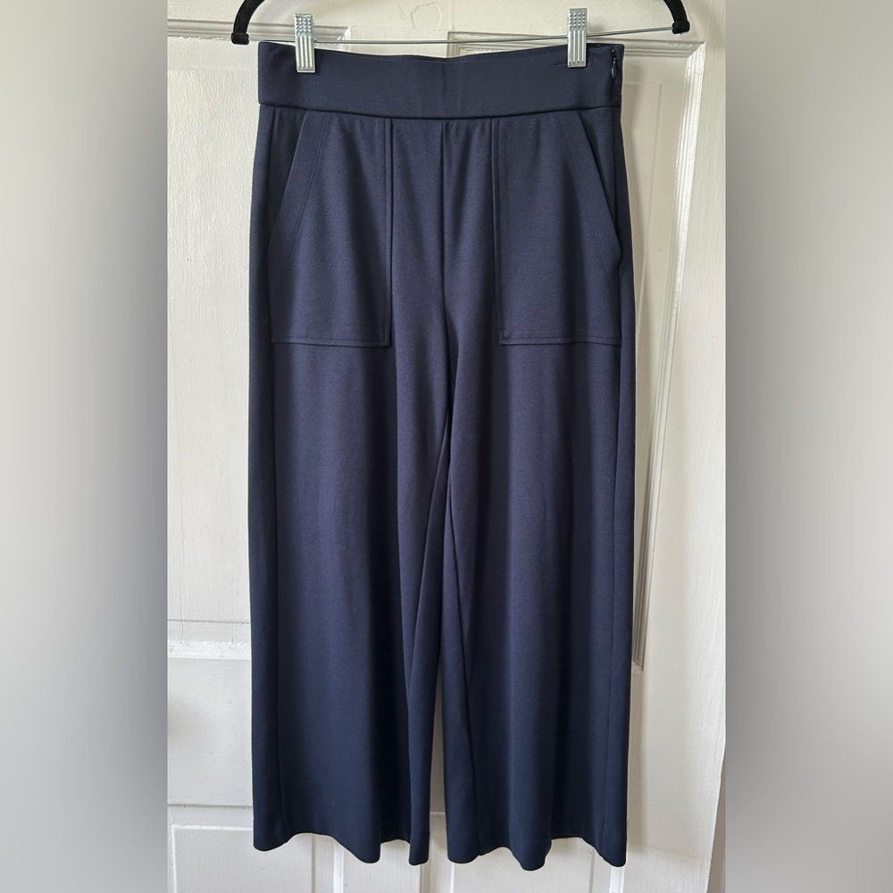 J Crew Women's 365 Wide-Leg Cropped Jersey Pants Navy Sz XS Large Pockets EUC
